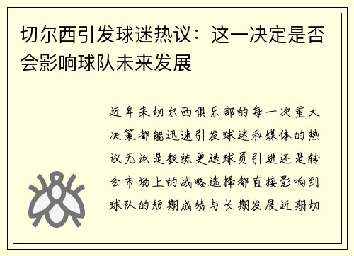 切尔西引发球迷热议：这一决定是否会影响球队未来发展