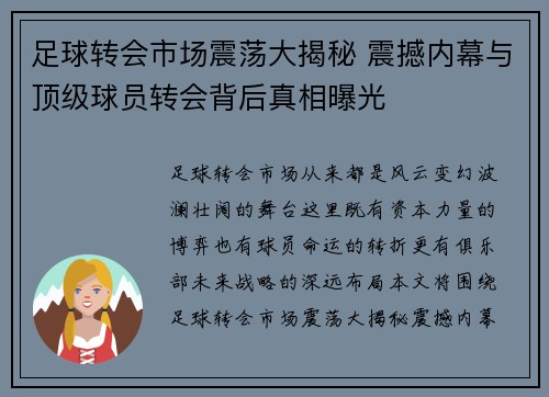 足球转会市场震荡大揭秘 震撼内幕与顶级球员转会背后真相曝光